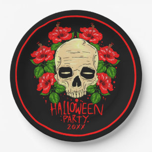 Halloween Year 20xx Skull Red Hibiscus Black  9"   Paper Plate