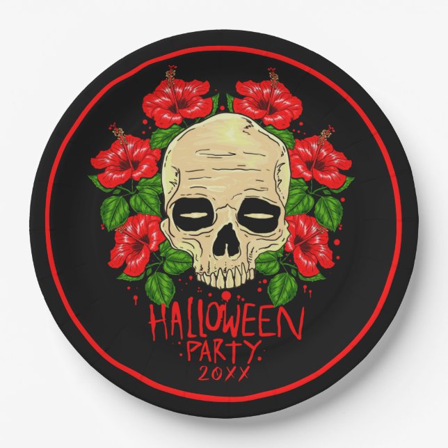 Halloween Year 20xx Skull Red Hibiscus Black  9"   Paper Plate (Front)