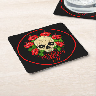 Halloween Year 20xx Skull Red Hibiscus Black Square Paper Coaster