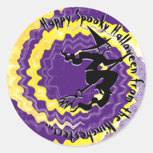 Halloween yellow flying witch magic spell text classic round sticker