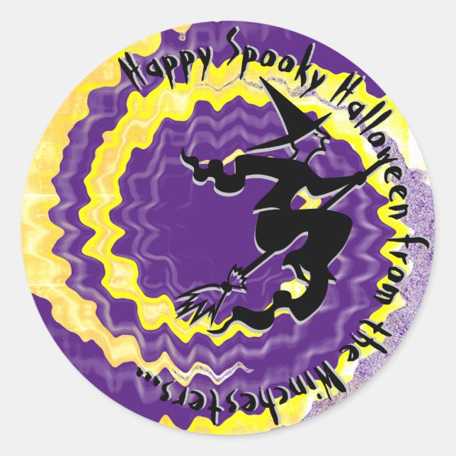 Halloween yellow flying witch magic spell text  classic round sticker (Front)