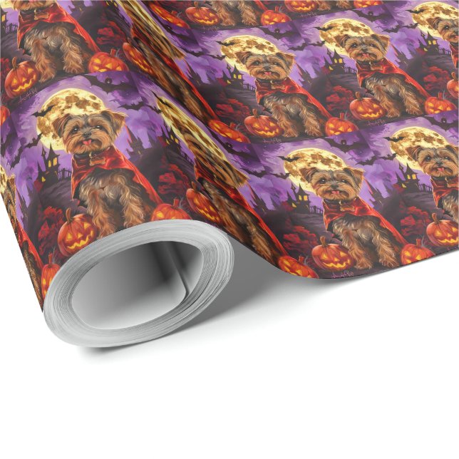 Halloween Yorkipoo Vampire Pumpkins Scary Wrapping Paper (Roll Corner)