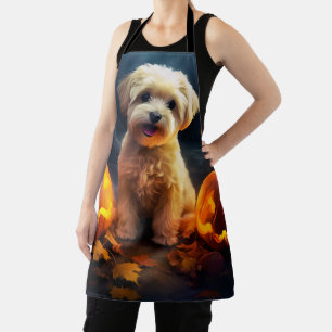 Halloween Yorkipoo With Pumpkins Scary Apron