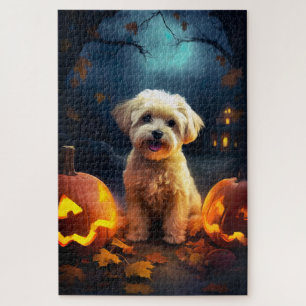 Halloween Yorkipoo With Pumpkins Scary Jigsaw Puzzle