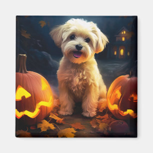 Halloween Yorkipoo With Pumpkins Scary Magnet