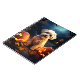 Halloween Yorkipoo With Pumpkins Scary Notebook