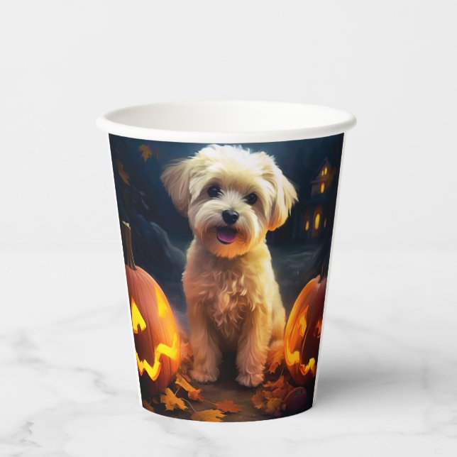 Halloween Yorkipoo With Pumpkins Scary Paper Cups (Front)