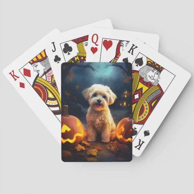Halloween Yorkipoo With Pumpkins Scary Playing Cards (Back)