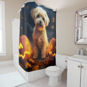 Halloween Yorkipoo With Pumpkins Scary Shower Curtain