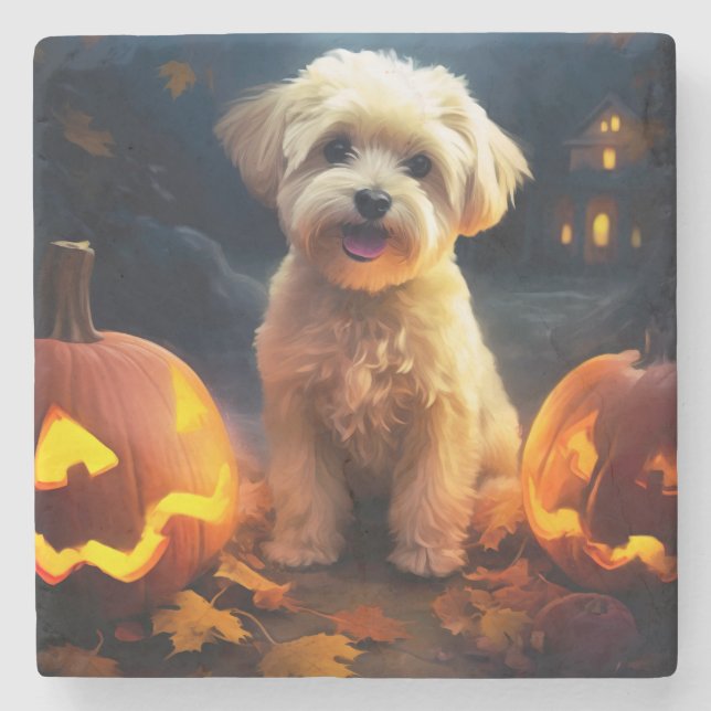 Halloween Yorkipoo With Pumpkins Scary Stone Coaster (Front)