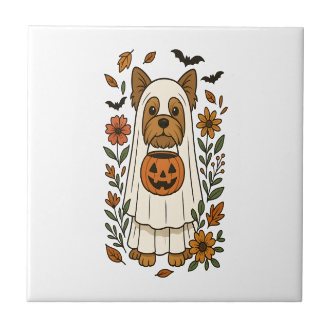 Halloween Yorkshire Terrier Flowers Halloween Ceramic Tile (Front)