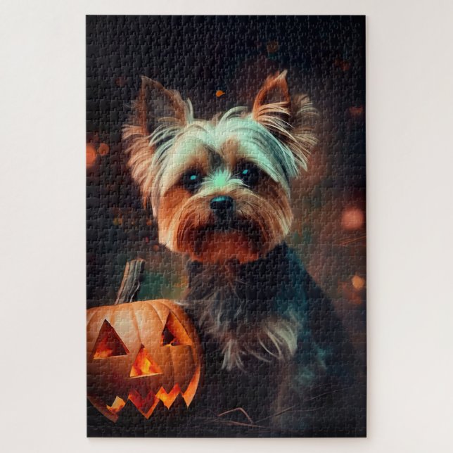 Halloween Yorkshire Terrier With Pumpkins Scary Jigsaw Puzzle (Vertical)