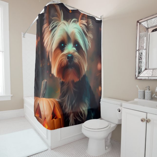 Halloween Yorkshire Terrier With Pumpkins Scary Shower Curtain (In Situ)