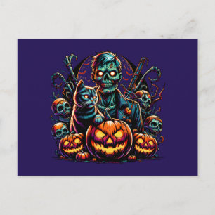 Halloween Zombie and Cat Postcard