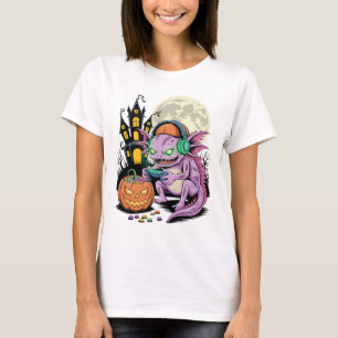 Halloween Zombie Axolotl Gamer Haunted Castle Vide T-Shirt