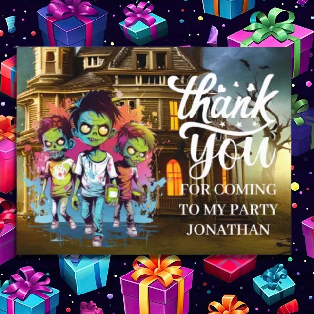 Halloween zombie-themed kids THANK YOU Postcard (Zombie Walkers,  Your birthday party won't be complete without an array of gruesome zombie props! )