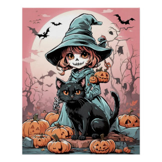 Halloween zombie witch with black cat Poster