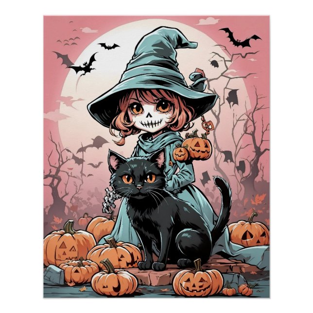 Halloween zombie witch with black cat Poster (Front)