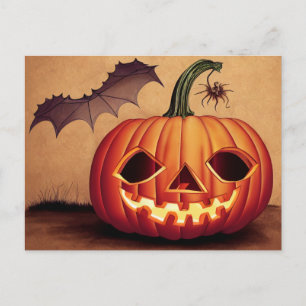 Halloweenkürbis mit Fledermaus und Spinne. Postcard
