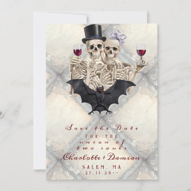 Hallowen Gothic Skulls Skeleton Love Bat Wedding Save The Date (Front)