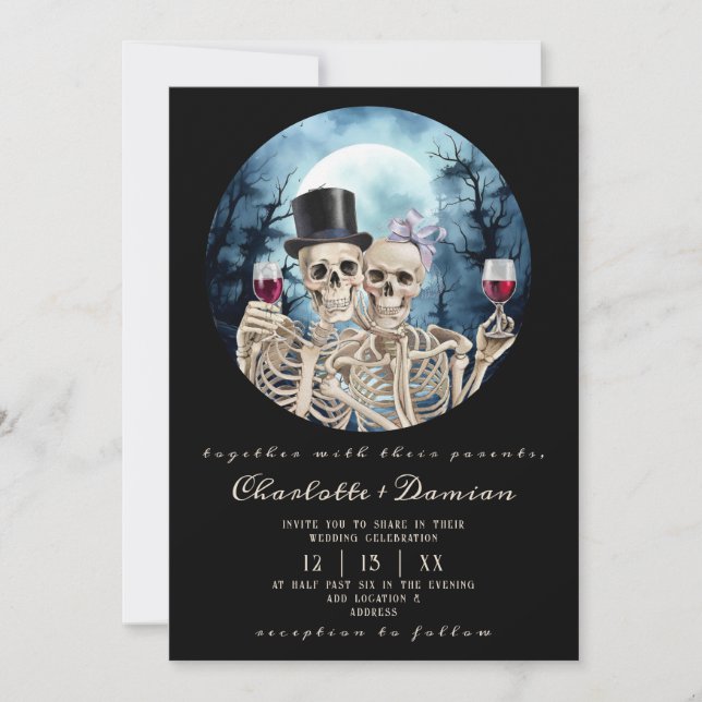 Hallowen Gothic Skulls Tarot The Lovers Wedding Invitation (Front)