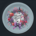 Hallowmas Wreath Merry Scary Christmas Halloween Paper Plate<br><div class="desc">Perfect for adult Halloween or Christmas parties, these unique paper plates embrace the Hallowmas trend, combining eerie Halloween vibes with festive Christmas spirit. Whether you're hosting a Halloween birthday or a Hallowmas-themed gathering, these plates add a fun, whimsical touch to your table. Great for party decorations or Hallowmas gifts, they're...</div>