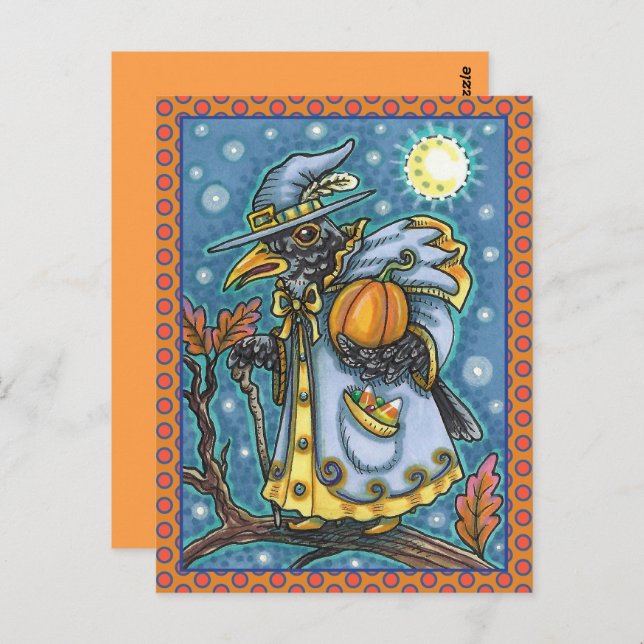 HALLOWS EVE BLACKBIRD WIZARD, HALLOWEEN RAVEN POSTCARD (Front/Back)