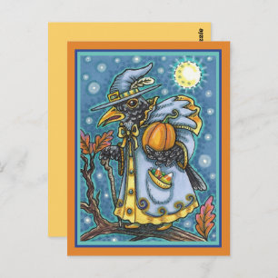 HALLOWS EVE BLACKBIRD WIZARD, HALLOWEEN RAVEN POSTCARD