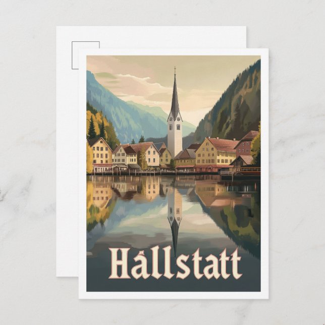 Hallstatt Austria Art Vintage Travel Illustration Postcard (Front/Back)