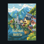 Hallstatt Austria Postcard<br><div class="desc">A picturesque and nostalgic portrayal of Hallstatt, Austria, renowned for its stunning alpine scenery, historic charm, and picturesque lakeside setting. The design captures the village's iconic pastel-coloured houses reflected in the tranquil waters of Hallstätter See (Lake Hallstatt), surrounded by towering mountains. Rendered in a vintage style, the artwork evokes the...</div>