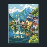 Hallstatt Austria Postcard<br><div class="desc">A picturesque and nostalgic portrayal of Hallstatt, Austria, renowned for its stunning alpine scenery, historic charm, and picturesque lakeside setting. The design captures the village's iconic pastel-coloured houses reflected in the tranquil waters of Hallstätter See (Lake Hallstatt), surrounded by towering mountains. Rendered in a vintage style, the artwork evokes the...</div>