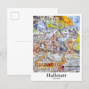 Hallstatt Austria Travel Watercolor Hand Drawn Postcard