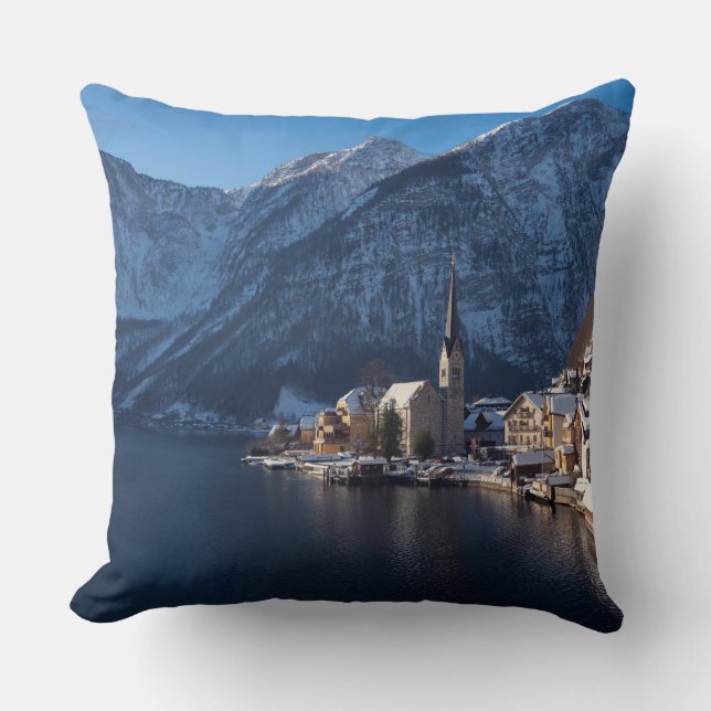 Hallstatt town in the snow in winter cushion (Front)