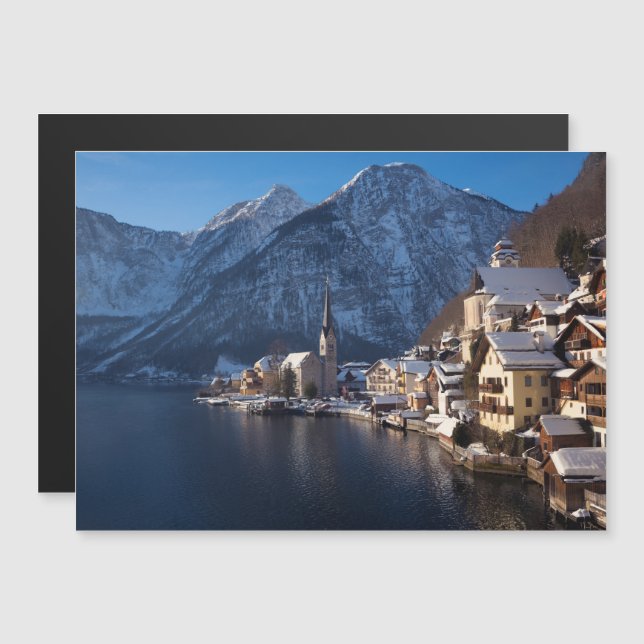 Hallstatt town in the snow in winter magnetic invitation (Front/Back)