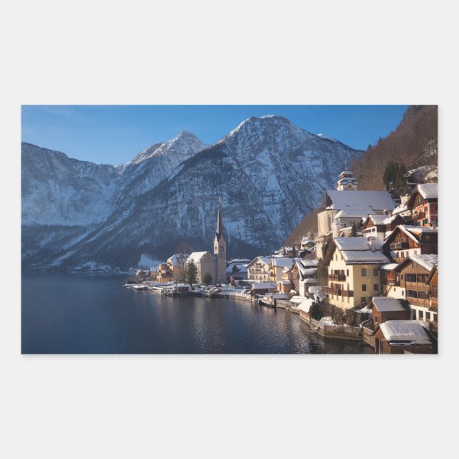 Hallstatt town in the snow in winter rectangular sticker (Front)