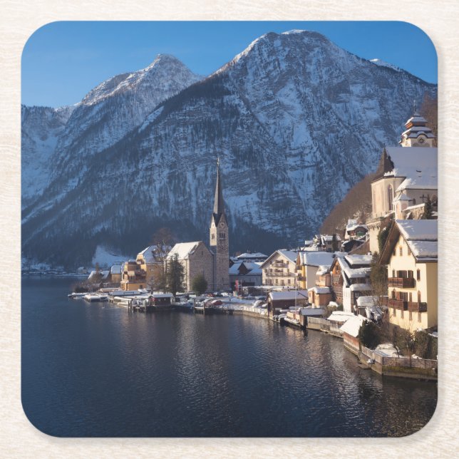 Hallstatt town in the snow in winter square paper coaster (Front)
