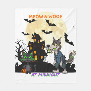 Hallween "Meow & Woof at Midnight" Cat & Werewolf  Fleece Blanket