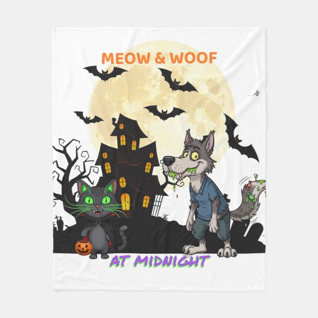 Hallween "Meow & Woof at Midnight" Cat & Werewolf  Fleece Blanket (Front)