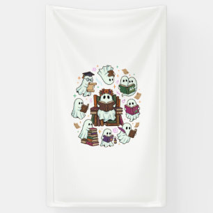 Haloween Reading Ghosts Stacked Books Floral Crown Banner