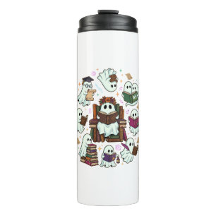 Haloween Reading Ghosts Stacked Books Floral Crown Thermal Tumbler