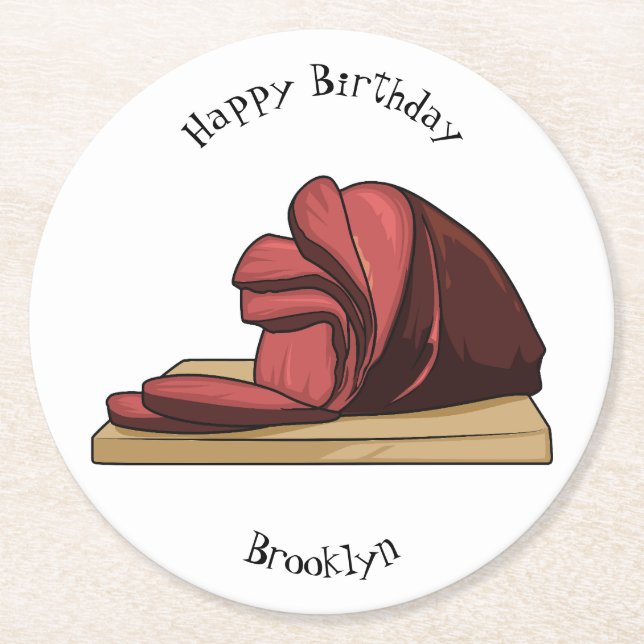 Ham cartoon illustration round paper coaster (Front)