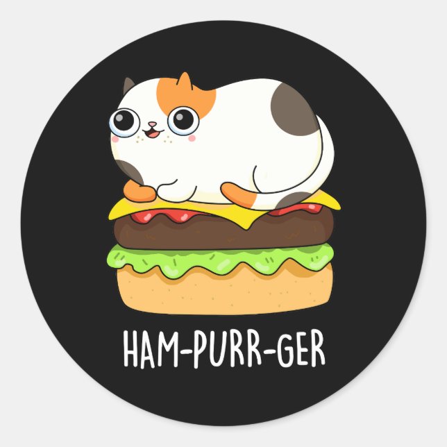 Ham-Purr-Ger Funny Cat Hamburger Pun Dark BG Classic Round Sticker (Front)