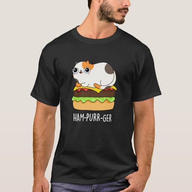 Ham-Purr-Ger Funny Cat Hamburger Pun Dark BG T-Shirt (Front)