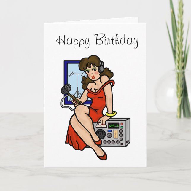 Ham Radio Brunette Pin-up Girl Greeting Card (Front)