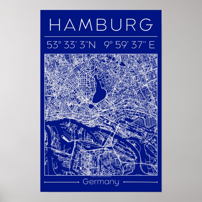Hamburg Blueprint City Map Poster Minimal Wall Art (Front)