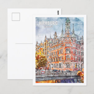 Hamburg Germany Famous Travel Place Watercolor Postcard