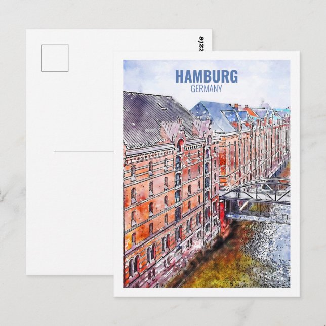 Hamburg Germany Famous Travel Watercolor Sketch Postcard (Front/Back)