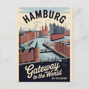 Hamburg Germany Retro Skyline Cityscape Travel Postcard