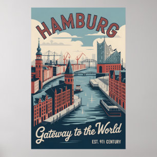 Hamburg Germany Retro Skyline Cityscape Travel Poster