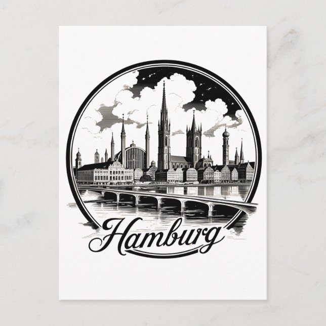 Hamburg Germany Skyline – Vintage Circle Sticker Postcard (Front)
